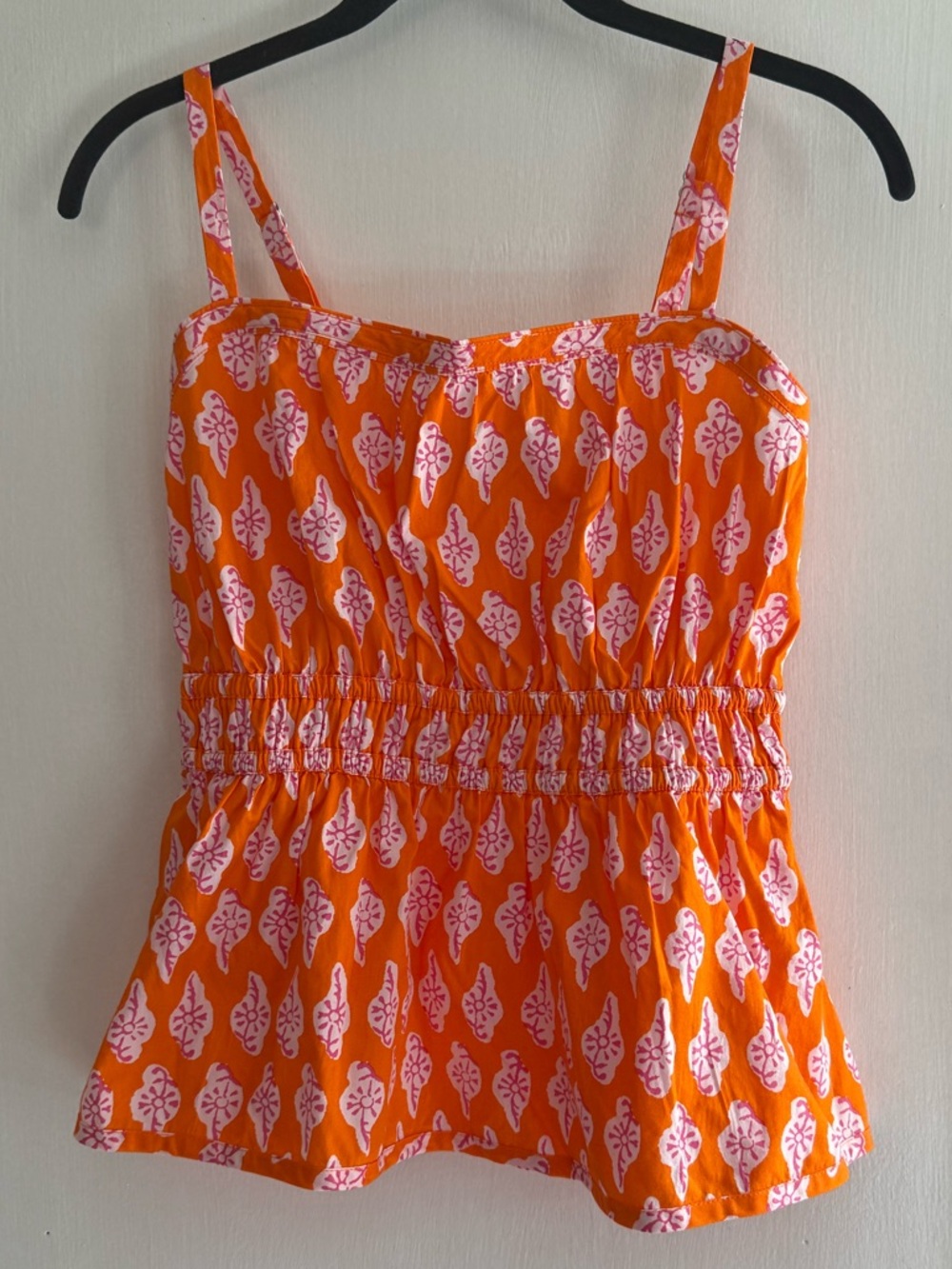 J. Crew Cotton Orange Printed Smocked Cami with White Leaf Motif Size 4